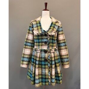 Anthropologie‎ Nick & Mo Retro Tweed Plaid Wool Flare Coat Small Fringed Boho